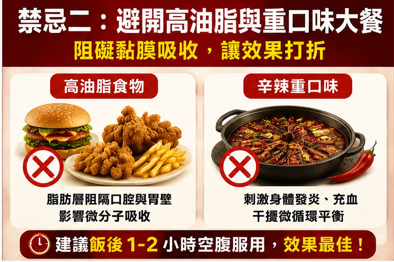 禁忌二:高油脂與重口味大餐會阻礙黏膜吸收 禁忌二:高油脂與重口味大餐會阻礙黏膜吸收