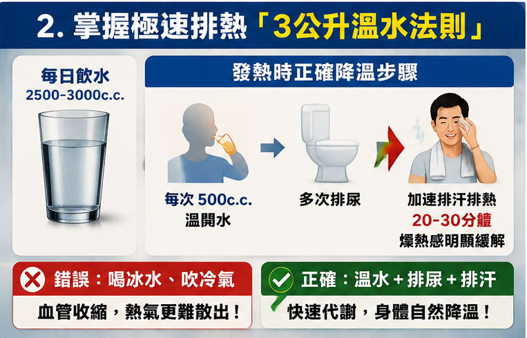 應對方式 2:掌握極速排熱的「3公升溫水法則」🌊 應對方式 2:掌握極速排熱的「3公升溫水法則」🌊