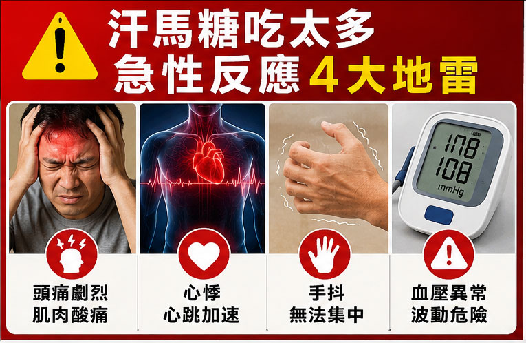 汗馬糖吃太多的急性反應:身體失控的四大地雷 💥 汗馬糖吃太多的急性反應:身體失控的四大地雷 💥